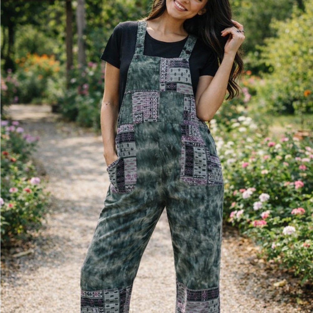 Yak and Yetti Green and Purple Patchwork Overalls